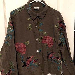 Chico’s size 2 Silk Button Up Shirt Brown Birds Floral Embroidery